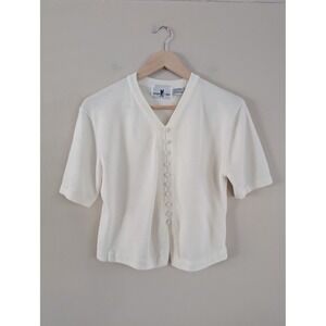 Vintage Womens Cream Short Sleeve Button Cardigan S Coastal Preppy Soft Academia